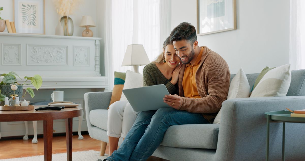 Laptop, living room and couple